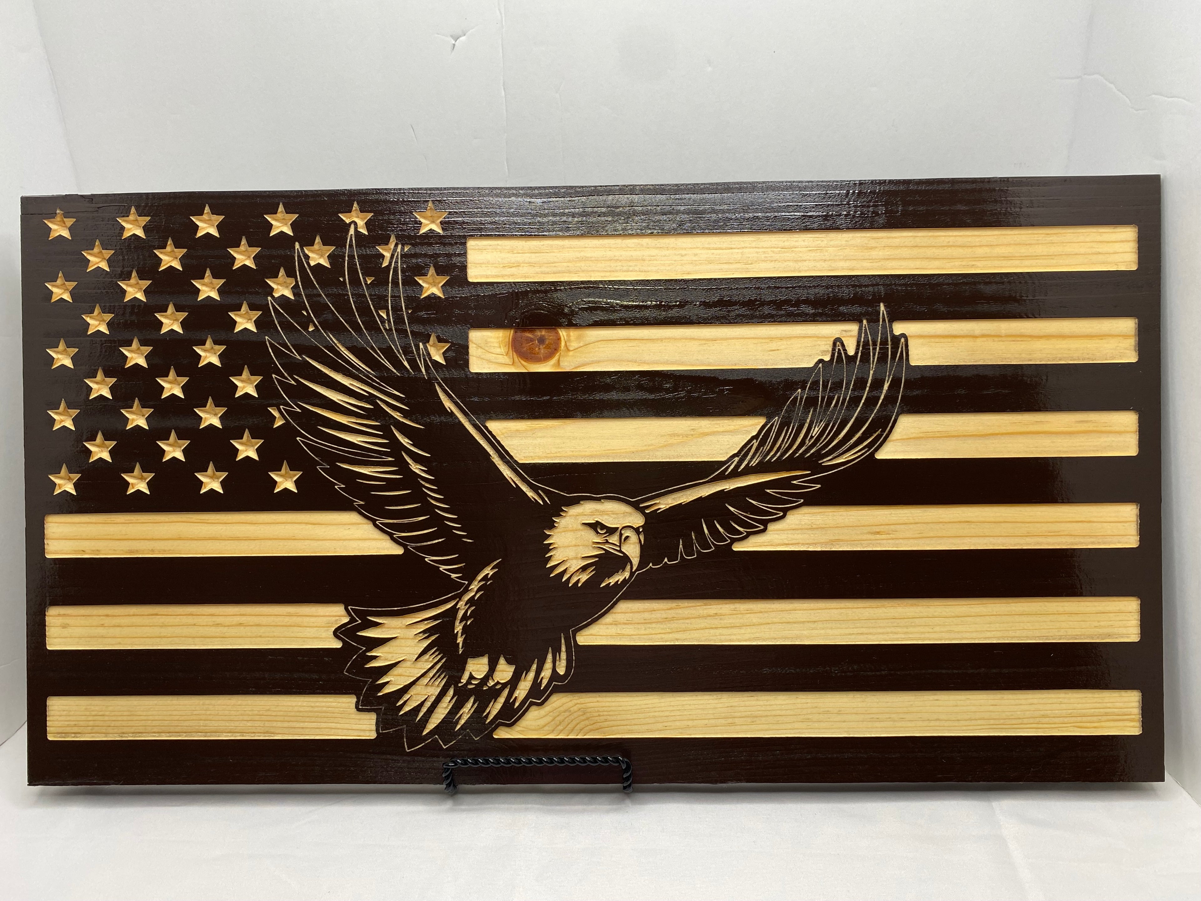 SOARING BALD EAGLE WOOD CARVED FLAG