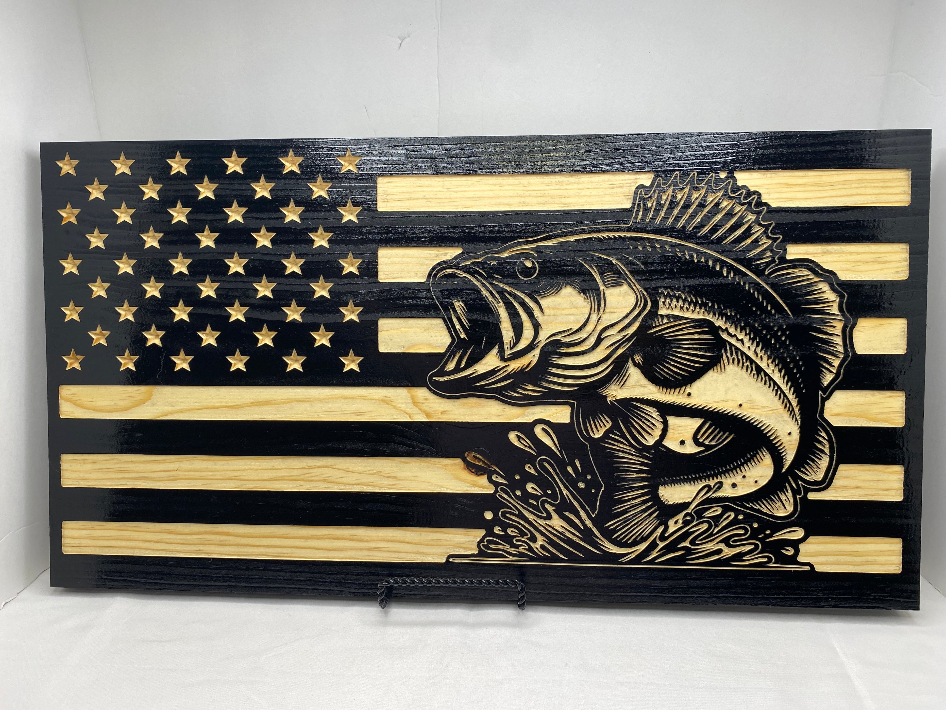 STRIPED BASS WOOD CARVED FLAG