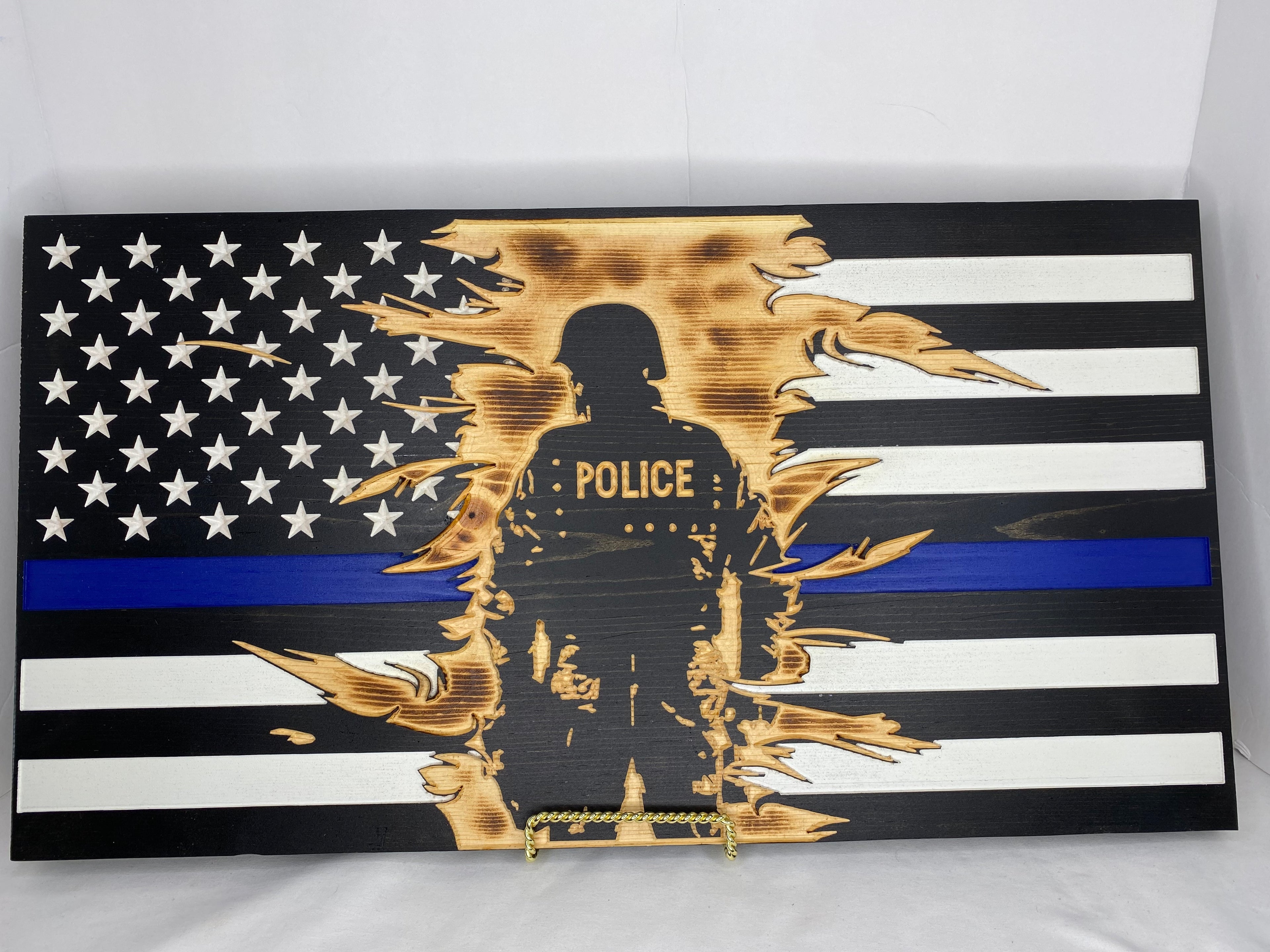 POLICE WITH BLUE LINE WOOD CARVED FLAG